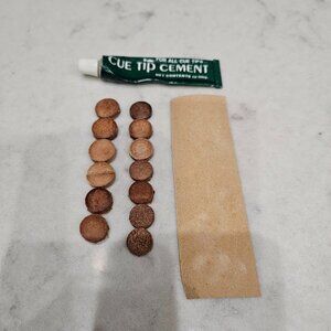 VINTAGE BILLIARD POOL CUE TIP REPAIR KIT WITH 13 TIPS, GLUE/CEMENT AND SANDPAPER